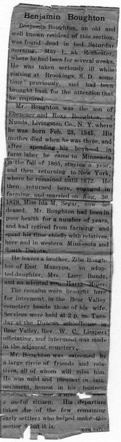 Obituary for Benjamin Boughton, Lucy's adoptive father. Lucy spoke frequently of what a happy childhood she had growing up with the Boughtons. (Original: Janet Lucius)