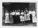 Back row, left to right: Unknown, Lucy Bundy, Francis Bundy, Unknown, Unknown, prob. George Russell, Savilla (Bundy) Russell, Unknown, Goldie Russell, Unknown. Children unknown. (Original: Janet Lucius)