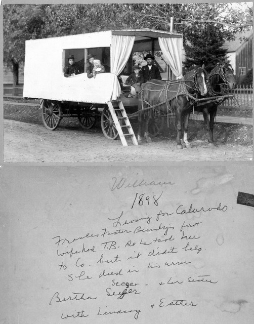 Francis Bundy in the wagon he built to transport his family to Colorado, in an effort to cure Bertha of tuberculosis. Left to right: Ada, Bertha (Segar) Bundy, Esther Bundy, Lindsay Bundy, Francis Bundy (William's notes identify Ada as a sister of Bertha; however, other references indicate Ada was Bertha's niece by Bertha's sister Ida). William Bundy's biographical notes indicate Ada accompanied them for part of the way, and then returned. Mary Hundeby remembers her grandmother Lucy saying that Ada accompanied the Bundys all the way to Colorado, but returned after some sort of falling out. (Original: Janet Lucius) 