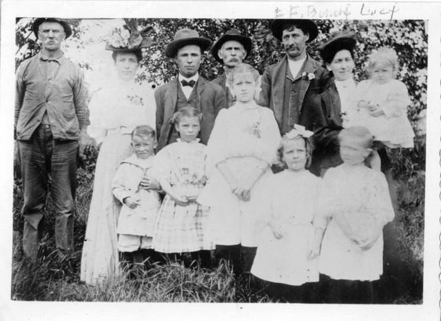 Francis and Lucy are in the top right. Other people in this picture are seen in other Bundy group photographs as well. Perhaps this was at the wedding of Armine Hostettler and Goldie Russell (16 Sep 1912), and they are the couple second and third from left. Esther, Ruth, and Marion are in front of Francis and Lucy. (Original: Janet Lucius)