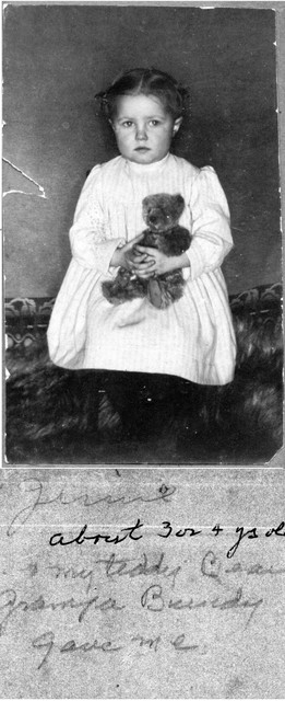 June Bundy, 3 or 4 years old, holding the teddy bear given to her by her grandfather William Bundy.  Around 1909.  (Original: Joan Collinge)