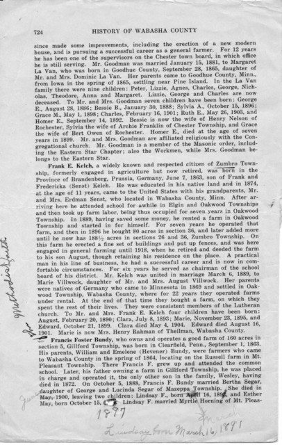 Biography for Francis Foster Bundy from the 1920 History of Wabasha County. The handwritten corrections are in the hand of Lucy Bundy, and match the dates given in her family bible record.