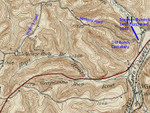 Jennie Smith Dixon's book, The Hills of Home, describes the settlement of Hickory Kingdom, where the John I. Bundy family settled around 1830. This topographic map shows the location of Hickory School and two runs (Hoyt and Heath) named after early settlers of Hickory Kingdom, and Hickory Road is marked on this map according to modern maps. Following Hickory Road north and around to the east, comparison with the next two maps shows that the land owned by Stephen Bundy was on the right edge of this map where Hickory Road makes an S-shape just before a Y-intersection. The cemetery shown in the S-shape on this map is the Old Bundy Cemetery where Stephen and Lucinda are buried. 