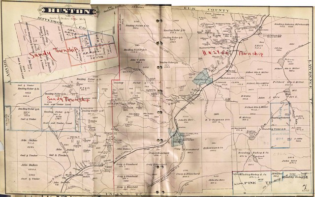 Huston Township, Clearfield County, Pennsylvania from Caldwell's 1878 Atlas. Click twice to see the map in legible form. In the center, just southwest of the Penfield, can be seen the adjacent properties of S.[tephen] Bundy and his son [Stephen] A.[twood] Bundy. In comparison with the 1866 map, Stephen an d his son, who went by Atwood, appear to have switched properties. The area where Stephen Bundy and his wife Lucinda first settled is to the west, marked S. Conway just south of the head of Bliss Run, as described by Dixon. Also near S. Bundy is W.D Woodward, certainly the William D. Woodward who sold Thomas Jefferson Bundy his land in Wabasha County, Minnesota on a deed executed in Clearfield County but filed in Wabasha County.
