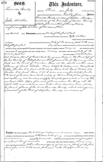 On 3 July 1885, Lucinda Bundy, widow of the Stephen Bundy now deceased, sold the land she had gained by his will to John Kitchen. 