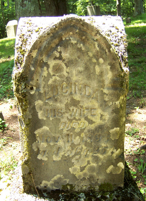 Lucinda (Hewitt) Bundy's headstone from Old Bundy Cemetery in Huston Township, Clearfield County, Pennsylvania. Inscription: Lucinda his wife, died 11 Nov 1893 aged 86 years, 7(?) months, 25 days. (Original: Edson B. Waite, Jr., downloaded from findagrave.com)