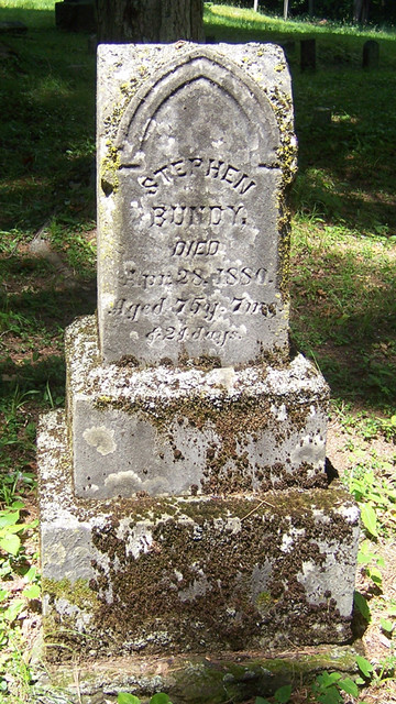 Stephen Bundy's headstone from Old Bundy Cemetery in Huston Township, Clearfield County, Pennsylvania. Cemetery is marked on the 1878 map just west of the S. Bundy farm inside the loop of road. Inscription: Stephen Bundy, died April 28, 1880 Aged 75 y. 7 mo. & 24 days. (Original: Edson B. Waite, downloaded from findagrave.com)