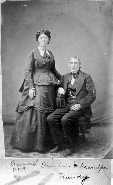 Stephen Bundy and Lucinda (Hewitt) Bundy, parents of William M. Bundy, and grandparents of Francis Foster Bundy. It appears Ruth Bundy was practically a twin of Lucinda's. Caption scanned from writing on back of picture. Click twice for full resolution. (Original: Janet Lucius)