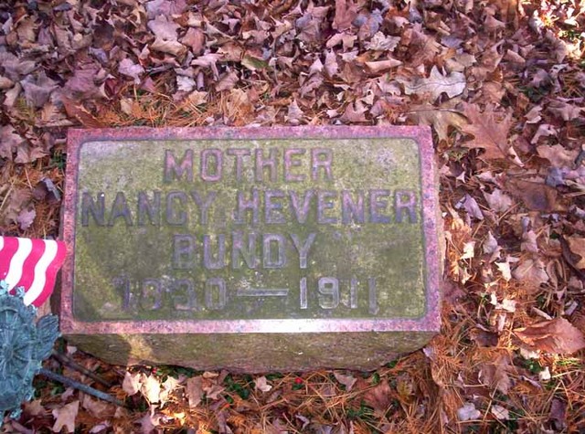 Gravestone of Nancy Hevener Bundy in Old Bundy Cemetery, Huston Township, Clearfield County, Pennsylvania. Downloaded from the Internet.