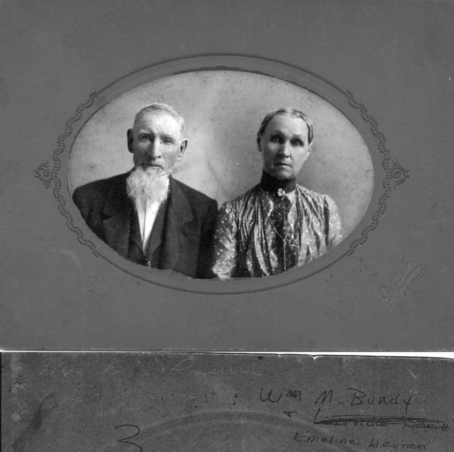 William Bundy and Emeline Hevener. The caption on the back, barely legible, says "Mrs. G.H. Russell", probably indicating the original was owned at one time by Savilla Bundy, William's daughter, who married George H. Russell. (Original: Janet Lucius)