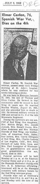Elmer Carlon, Obituary, Red Wing Republican Eagle, 5 July 1952