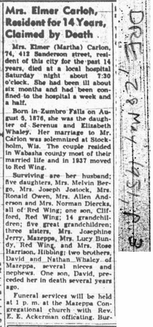 Martha Whaley Carlon, Obituary, Red Wing Republican Eagle, 28 May 1951