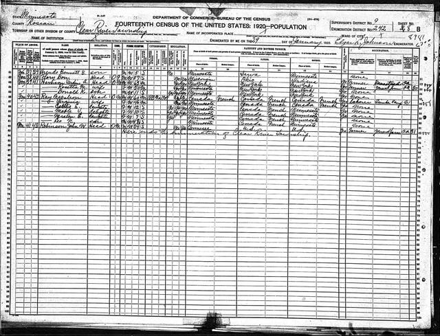 1920 Census, Minnesota, Roseau County, Clear River Township. Verdine and Rosetta are living with their son David.