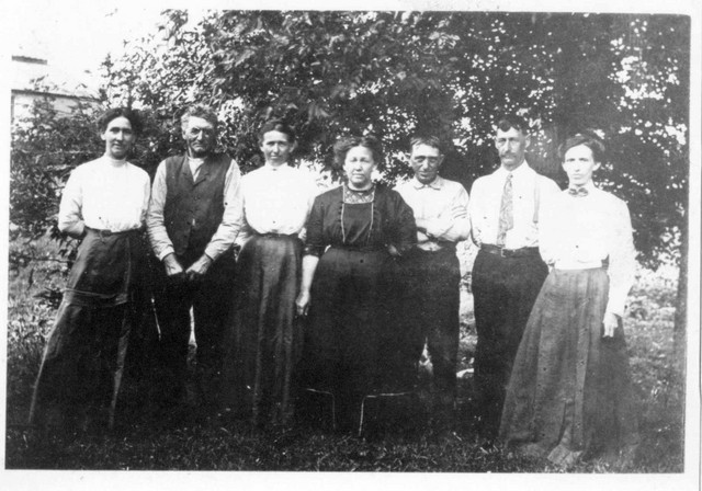 Picture taken at the same event as the previous picture.  Left to right: Lucy (Whaley) Bundy, Joseph "Boney" Jerry, Josey (Whaley) Jerry, Rose (Whaley) Harrison, Elmer Carlon, Francis Bundy, Martha (Whaley) Carlon. (Original: Janet Lucius)
