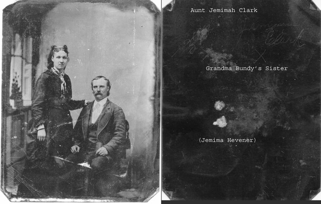 Jemimah Hevener and her husband Egbert Clark. Typewritten words on right represent the barely legible writing on the back of this tintype (scanned as is, not reversed). Not all the writing is visible in the scanned image, but it can be seen on the original. (Original: Joan Collinge)