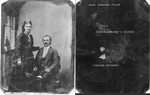 Jemimah Hevener and her husband Egbert Clark. Typewritten words on right represent the barely legible writing on the back of this tintype (scanned as is, not reversed). Not all the writing is visible in the scanned image, but it can be seen on the original. (Original: Joan Collinge)