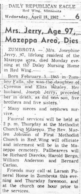 Josephine Jerry, Obituary, Red Wing Republican Eagle, 18 April 1962