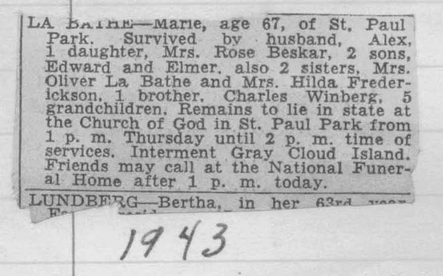 Obituary for Sofia Maria "Marie" (Winberg) LaBathe, from one of Bob Winberg's Navy scrapbooks.  The son, Edward, married Ida Mavis.  The sister, Mrs. Oliver LaBathe, is Freda Winberg, and Oliver is the brother of Marie's husband Alex.  The sister, Hilda Frederickson, is Hilda Olivia Winberg, who remained in Sweden.  The brother, Charles Winberg, is Karl Fritzhof "Charles" Winberg, father of Bob Winberg.  (Original: Bob Hart, from Bob Winberg's USS Wainwright scrapbook)