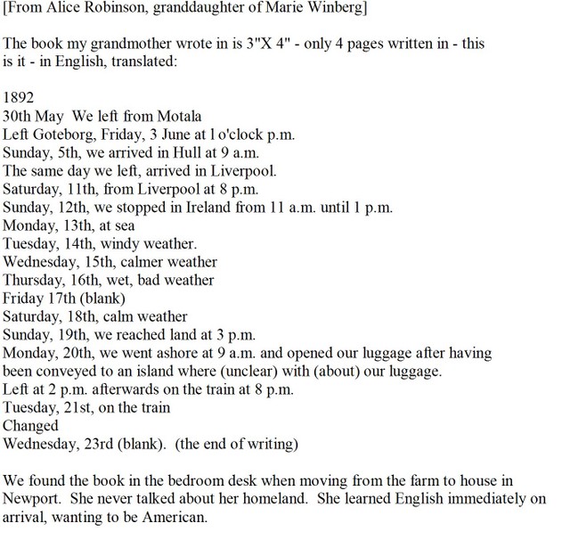 Transcription of travel notes taken by Marie (Winberg) LaBathe during her journey to America.  (Original: Alice Robinson)