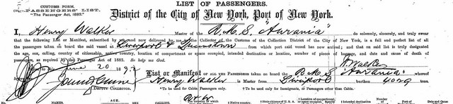 Title sheet for the S.S. Aurania manifest, showing arrival in New York on June 20, 1892. (Downloaded from www.ellisisland.org after receiving research notes from Alice Robinson)