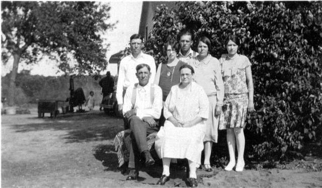 Oliver LaBathe family members, taken at Freda's birthday party around 1927.  Back Row, l to r: Clarence, Freda, Art, Lydia, Anne.  Front: Oliver and Freda.  (Original: Alice Robinson)