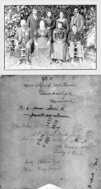 This shows the back of the photograph, annotated with the location of the Alfred Mattson farm. Since the 1880 census for Andrew and the 1910 census for Alfred show the same neighbors in Springvale Township, and R. 6 is in Springvale Township, the original Andrew Mattson farm must have been on R.6 in Section 4 of Springvale Township. (Original: Mary Hundeby)