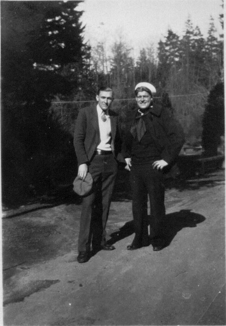 This picture and the next one were taken at the same time, judging by Bob Winberg's clothes.  One has "Two Bobs" on the back.  The other has "Me and Carl Boyling, Aunty's step-son".  These people would be Robert Olson, son of Bob Winberg's Aunt Mary (married first to Charley Olson, then to Eric Bjorling), and Carl Bjorling, a son of her second husband by a previous marriage. Probably 1934. Bob Winberg pulled into Bremerton, WA on the USS Maryland that year, and the Bjorlings were living in Everett, WA in 1930. (Original: Mary Hundeby)