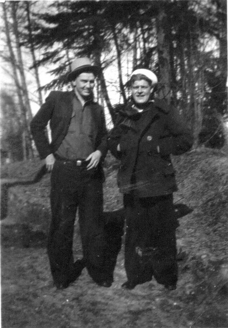This picture and the previous one were taken at the same time, judging by Bob Winberg's clothes.  One has "Two Bobs" on the back.  The other has "Me and Carl Boyling, Aunty's step-son".  These people would be Robert Olson, son of Bob Winberg's Aunt Mary (married first to Charley Olson, then to Eric Bjorling), and Carl Bjorling, a son of her second husband by a previous marriage. Probably 1934. Bob Winberg pulled into Bremerton, WA on the USS Maryland that year, and the Bjorlings were living in Everett, WA in 1930. (Original: Mary Hundeby)