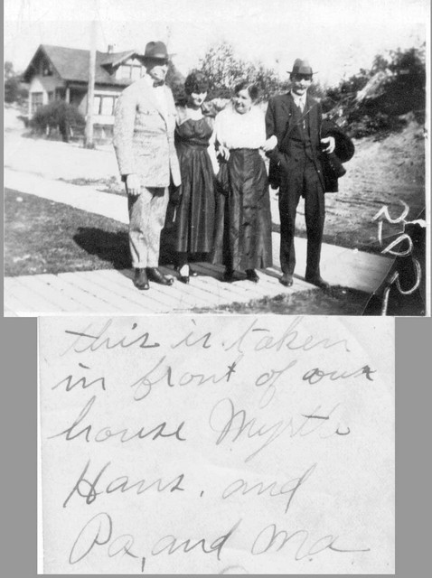 Thomas Oline and his wife Emily (Mattson) Oline on the right, and their daughter Myrtle with her husband Hans. The picture was probably taken in Washington State. Census information shows the Olines had a daughter Myrtle who married one Hans Jensen. (Original: Mary Hundeby)