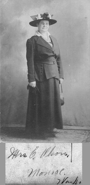 This picture is annotated on back as "Mrs. C. Olson, Monroe, Wash.", so it is likely Mary Mattson, and a comparison with the early Mattson family photograph is favorable. The caption tells us that Mary and her husband Charles Olson very likely moved to Monroe, Washington together, before he died and she remarried to Eric Bjorling. (Original: Mary Hundeby)