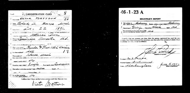Victor moved out to Washington State, and worked as a plumber in the town of Monroe, as shown on his draft registration card. He was living with his sister Mary in Monroe in 1920. He was still in Monroe for the 1930 census, with a wife and two children, and working as a plumber. He was also listed in Monroe in Bob Winberg's address book, used between 1930 and 1940. Victor's son, also named Victor, died in Monroe in 2003.