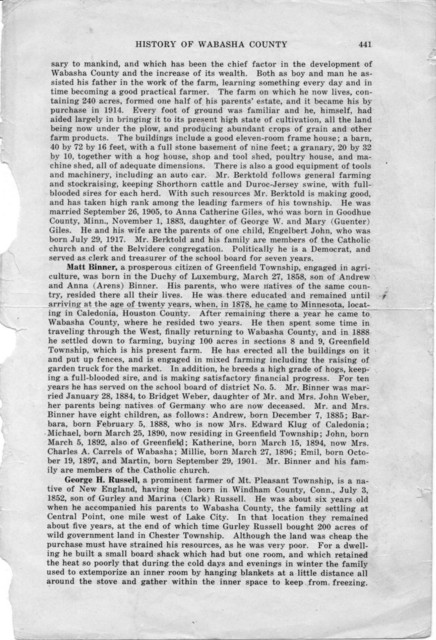 George H. Russell and his family were described in the 1920 History of Wabasha County.