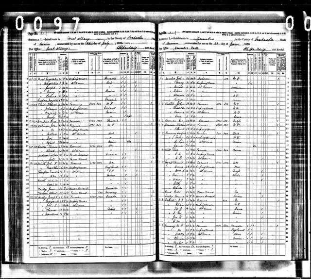 1870 Census, Minnesota, Wabasha County, Zumbro Township. John Soules listed with his wife and two children. His sister Almeda is shown, along with a 3-year old boy named George Soules.