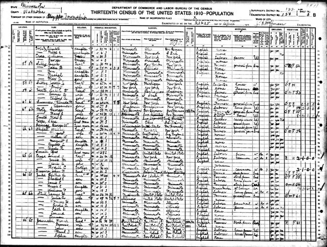 1910 Census, Minnesota, Wabasha County, Mazeppa Township. Almeda (Soules) Summers, widowed with 5 living children, was living two doors away from her sister Emily (Soules) Sibley. Her son Alexander was living with her.