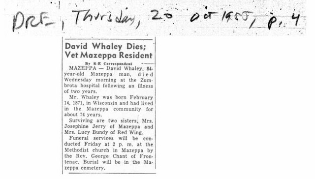 David Whaley, Obituary, Red Wing Republican Eagle, 20 October 1955