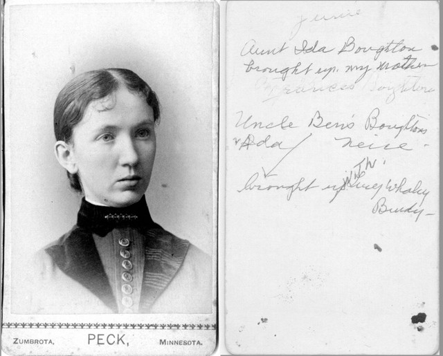 The information written on the back is confusing; "Junie" refers to June (Bundy) Winberg; many of the pictures are labeled "Junie," which seems to be indication of ownership. Seems like it is probably Ada (Segar) Boughton, Lucy's step-sister.