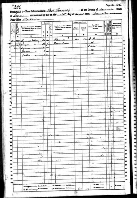1860 Census, Iowa, Allamakee County, Post Township. Cyrenus Whaley was living here as a farmer with Eliza, and his children Cyrenus, Holmes, and Nathan. The previous page of this census shows that the parents of Cyrenus, David and Sarah, were their neighbors.