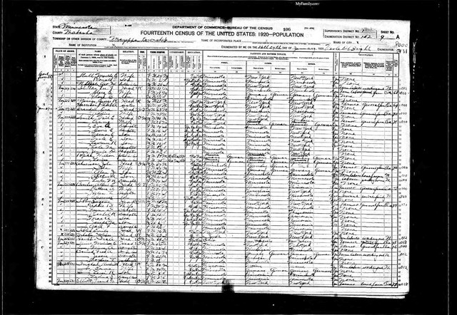 1920 Census, Minnesota, Wabasha County, Mazeppa Township. Shows Holmes Whaley living near his aunt, Emily (Soules) Sibley, his cousin Melissa (Sibley) Spicer, and another cousin, Eugene Sibley.