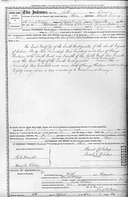 December 5, 1863. This deed transferred 80 acres of land from David W. Whaley to his son Cyrenus. The witness at lower left, Mary C. Whaley, is Mary Charlotte (Lobdell) Whaley, wife of Lewis Whaley. Lewis was the son of Whitlock Whaley, of Oswego County, New York. The relationship of Whitlock and his family to the line of David W. Whaley has not been determined.