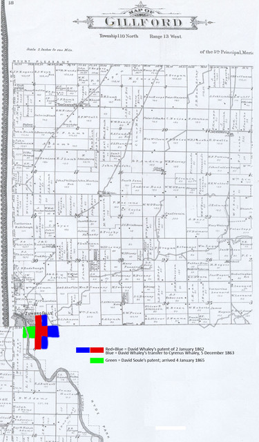 This map is a juxtaposition of a map of Gillford Township (top), Zumbro Township (lower left) and Hyde Park Township (blank, except for part of Section 6 as shown). The red and blue area taken together is the entire 160 acres that David patented in 1862. Before he died, David transferred the land in blue to his son Cyrenus, as shown by the copy of the deed in Cyrenus's album. David Soules, the father of the wives of Cyrenus and Uriah, arrived in 1865, and his land is shown in green.