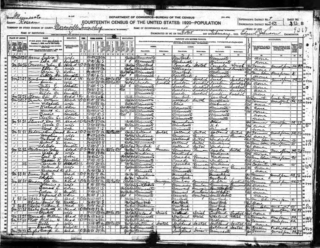 1920 Census, Minnesota, Roseau County, Moranville Township. Wintworth Whaley and his wife Elizabeth.