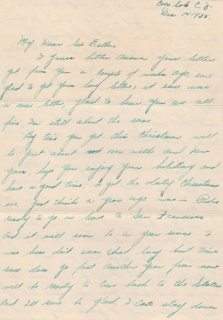 Letter from Bob to his sister, Esther, 14 Dec 1935, page 1.  (Original: Bob Hart)