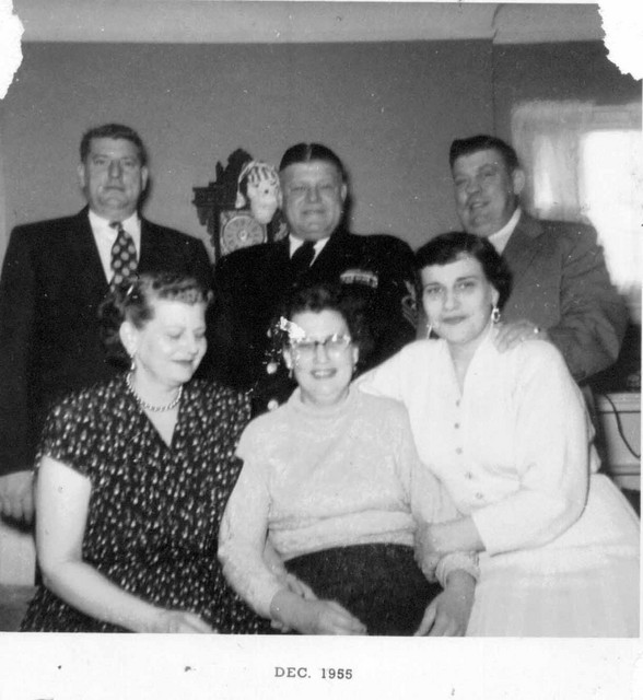 February 1955, at Raymond Winberg's house in St. Paul Park for Charles and Clara's 50th wedding anniversary.  Back Row: Raymond, Bob, and Claus.  Front: Edith, Anna, and Esther. (Original: Mary Hundeby)