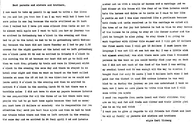 Letter from Charles Winberg to his family in Sweden, written soon after his arrival in Minnesota.  Lesci is Lexi, which was Alex La Bathe's nickname.  (Original: Alice Robinson)