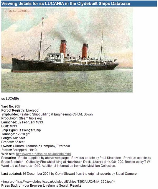 SS Lucania, the ship that carried Charles Winberg to America.  Copyright http://www.clydebuiltships.co.uk and http://www.clydesite.co.uk.  