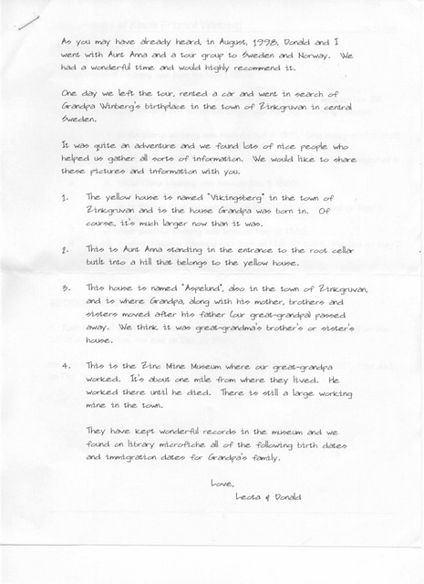Letter from Donald Winberg and his sister Leota Truax describing birthplace of Karl "Charles" Winberg, page 1. (Original: Joan Collinge)