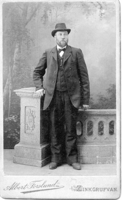 Claes Fritiof Winberg, father of the four Winbergs who emigrated to America (Karl "Charles", Axel "Fred", Freda, and Maria). This photograph was identified by two Winberg relatives in Sweden who have seen other photographs of him and recognize him.  By the time he was old, the work in the zinc mine had affected his lungs, and he slept sitting in a chair.(Original: Mary Hundeby)