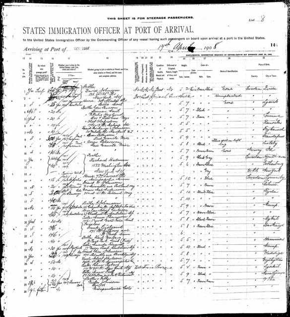 Page 2 of the ship's manifest.  Fred's information continues on line 22.