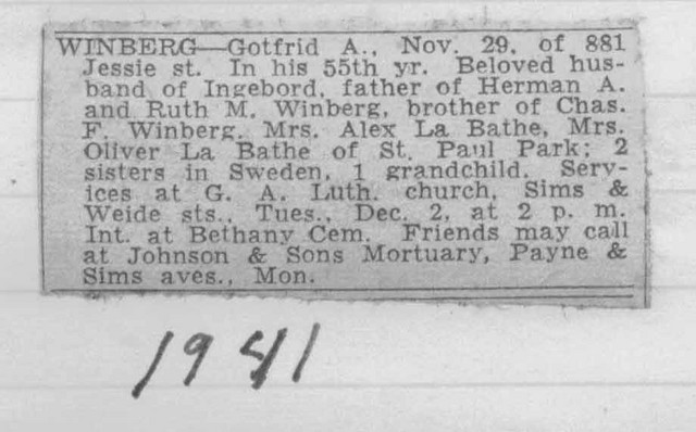 Obituary for Fred Winberg from one of Bob Winberg's Navy Scrapbooks.  Spelling for Ingeborg is incorrect, as shown by samples of Ingeborg's signature on Christmas cards in the same scrapbook.  (Original: Bob Hart, Bob Winberg's USS Wainwright scrapbook)