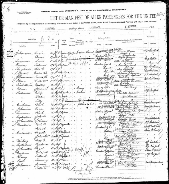 See line 23.  First page of the ship's manifest showing the arrival of Axel Gottfrid "Fred" Winberg on the S.S. Mauretania.  According to the manifest, Fred arrived at Ellis Island in New York Harbor on April 17, 1908 after leaving from Liverpool on April 11, 1908.  The relative Fred lists as his point of contact in America is Karl "Charles" Winberg, his brother, in St. Paul, MN (see his album for his arrival manifest.)  Note Fred's last place of residence, Aspelund, Zinkgruvan, which is a house photographed in the Klaus Fritzhof Winberg album.  (downloaded from www.ellisisland.org, search for Axel Winberg)